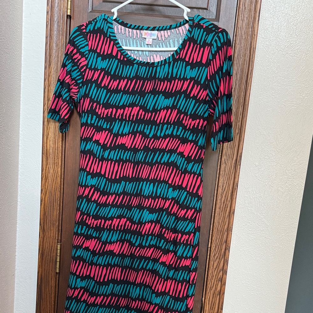 LuLaRoe Gray Dress with Pink and Teal Accents